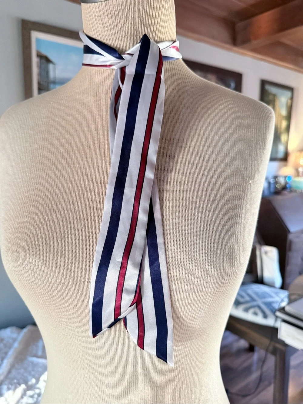 Striped Silk Neck Scarf in White, Navy & Red